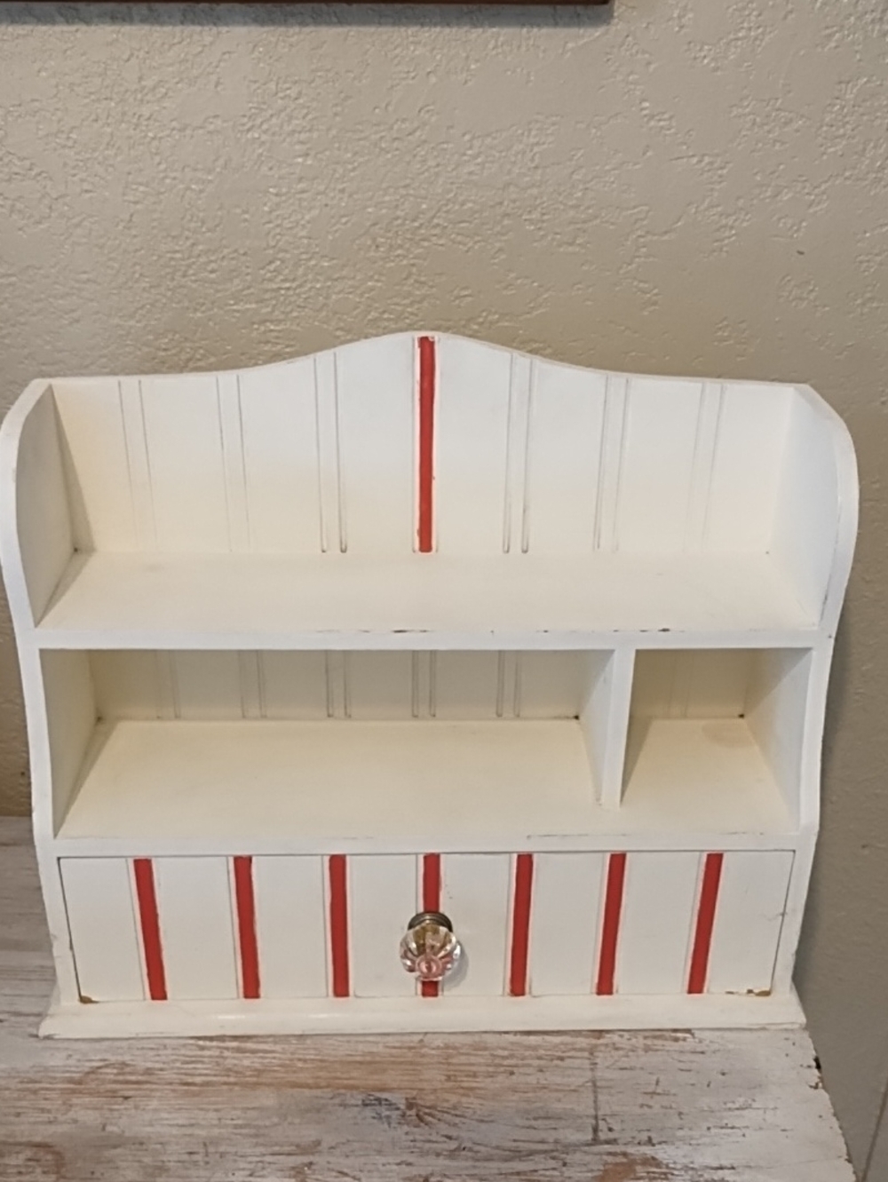 White Wooden Shelf Organizer with Coral Accent Stripes